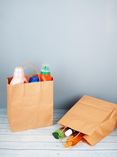 Craft bag with cans and bottles for cleaning the house household bag with household chemicals