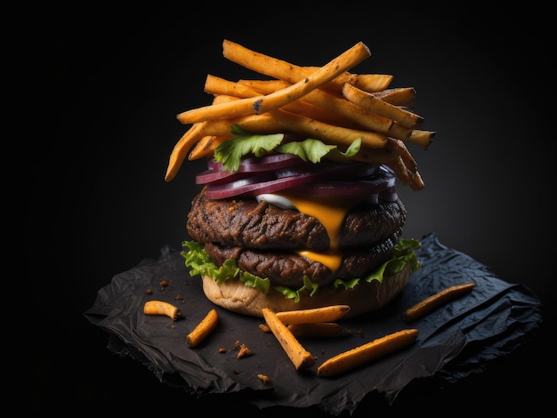 Craft beef burger and french fries on black wooden background ai generative