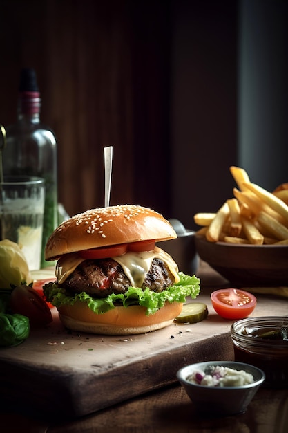 Craft beef burger and french fries on wooden board on black background Generative AI content