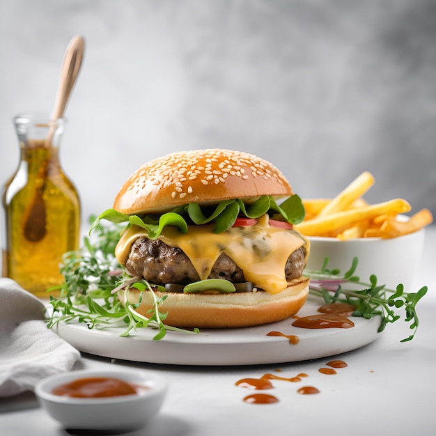 Craft beef burger and french fries on wooden board on white background Generative AI content