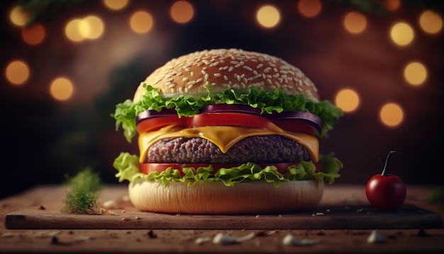 Craft beef burger and french fries on wooden table melting chesses isolated on black background ai generative