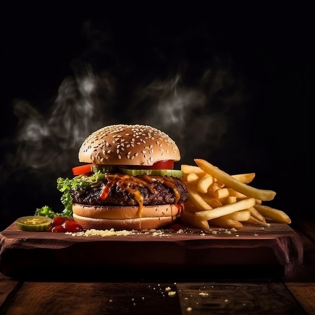 Craft beef burger and french fries on wooden table melting chessesisolated on black background