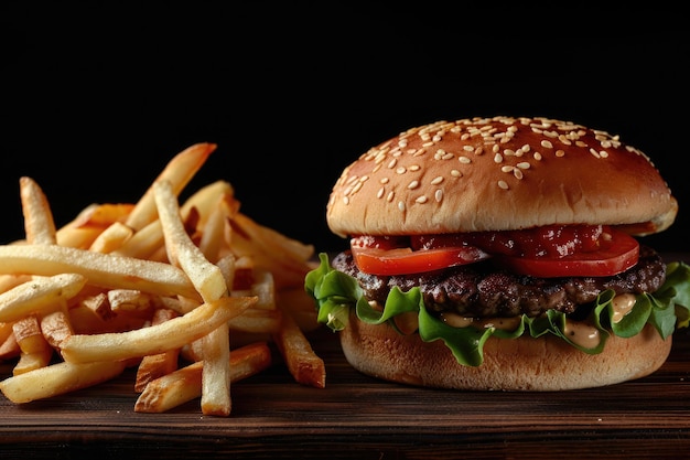 Craft beef burger and fries on wooden table isolated