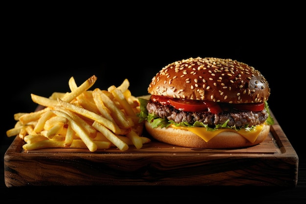 Craft beef burger and fries on wooden table isolated