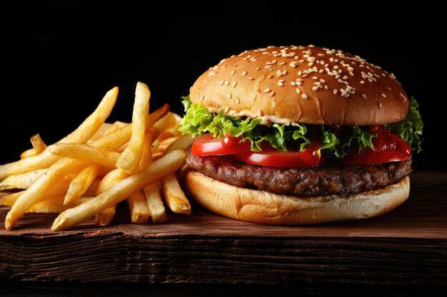 Craft beef burger and fries on wooden table isolated