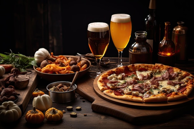 Craft beer and pizza with veggies meat Diverse tasty pizza with dark or light beer