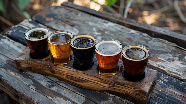 Craft beer tasting flight on rustic wooden table outdoors