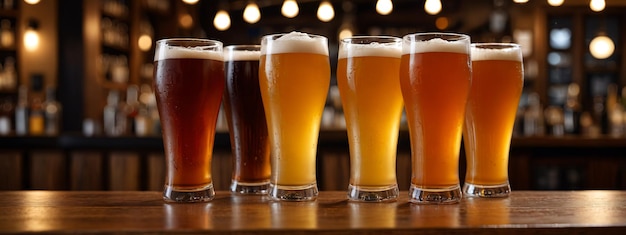 Craft Beers in Pint Glasses on a Wooden Bar