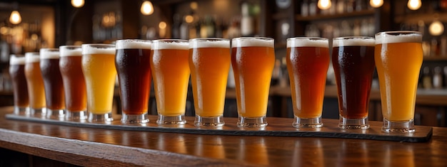 Craft Beers in Pint Glasses on a Wooden Bar