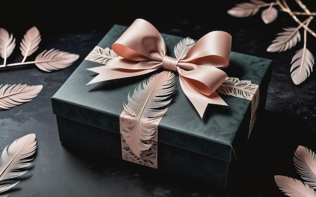 Craft box adorned with textured bow feathers on dark background