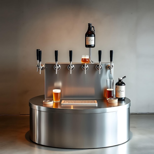 Photo craft brewery with beer taps and growlers on an industrial two tier podium of stainless steel slee