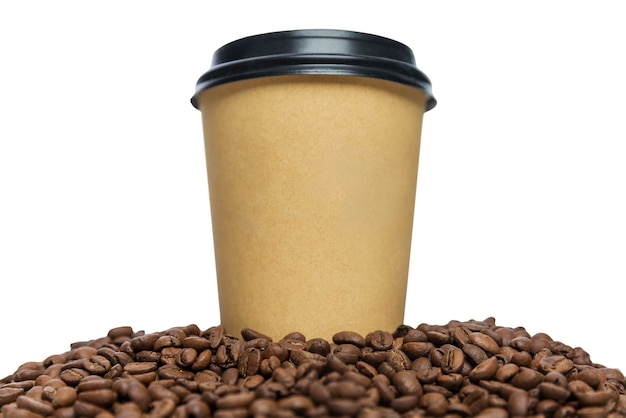 A craft coffee cup stands on top of a pile of roasted beans Closeup Selective focus Space for text Isolated on white background