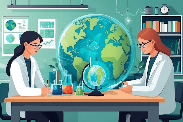 Craft a detailed scene of a teacher and students discussing climate change solutions in the lab vector illustration in flat style