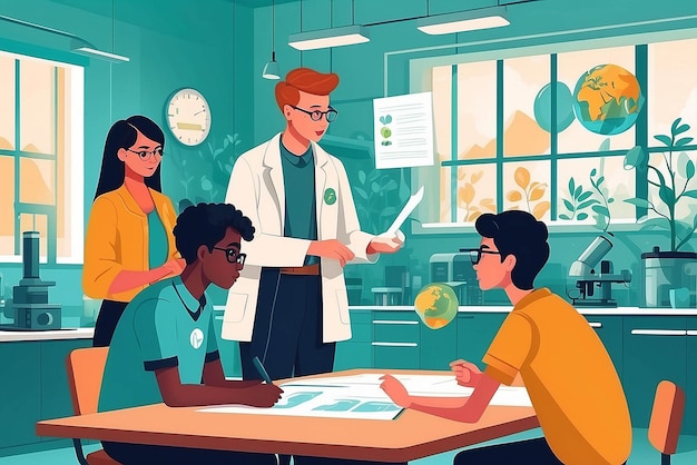 Craft a detailed scene of a teacher and students discussing climate change solutions in the lab vector illustration in flat style