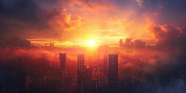 Craft a digital sunrise over a city skyline with technological elements