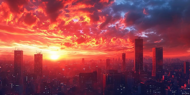 Craft a digital sunrise over a city skyline with technological elements