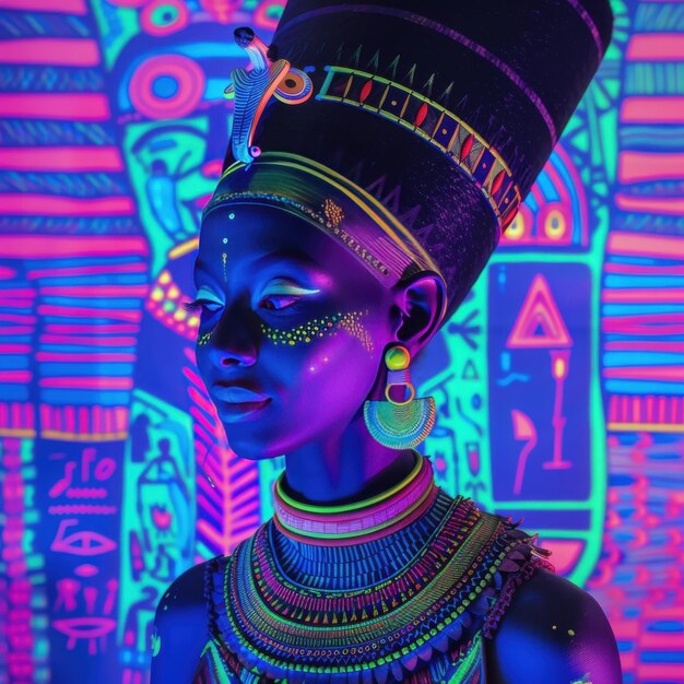 Craft an eye catching artwork showcasing the Egyptian goddess Nephthys the protector of the dead adorned in neon garb