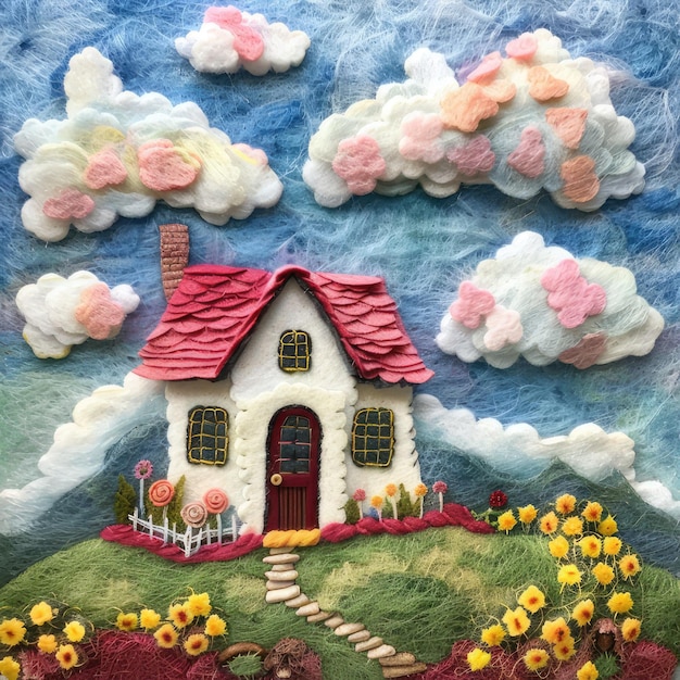 Craft Felted 3d cottages with fluffy clouds