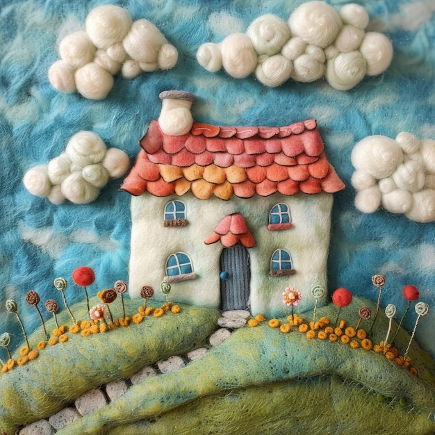 Craft Felted 3d cottages with fluffy clouds