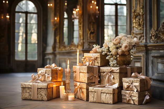 Craft gift boxes with beige bows roses and candles in antique interior Generative AI