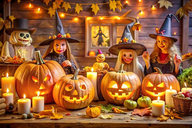 Photo craft a halloween party scene with carved pumpkins witches and spooky decorations