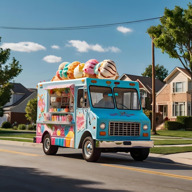 Craft an image of an ice cream truck rolling through a suburban neighborhood its jingle drawing a j