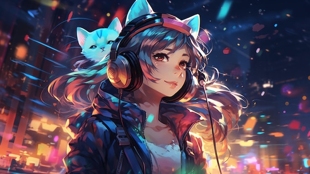 Craft an image of a nekomimi character in a lively concert setting headphones on