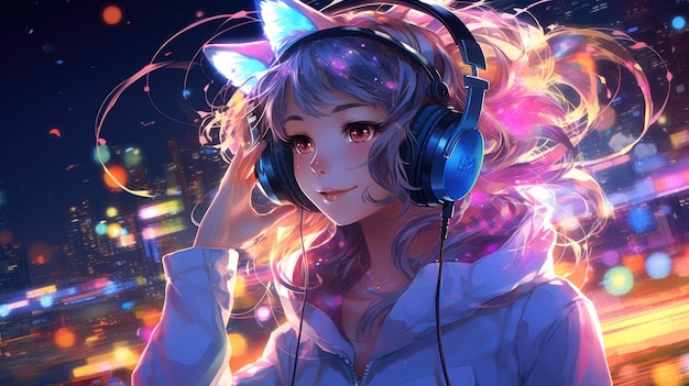 Craft an image of a nekomimi character in a lively concert setting headphones on