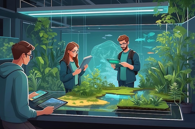 Craft an image of students using holographic displays to simulate ecological restoration projects vector illustration in flat style