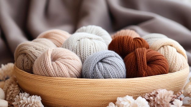 Craft knitting hobby background with yarn in natural colors