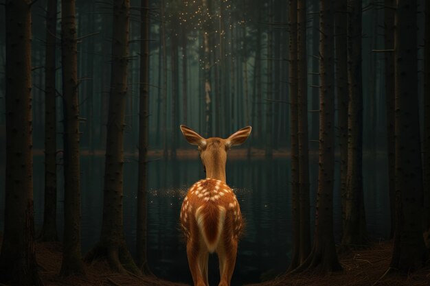 Craft a peaceful forest scene showing a calm deer gazing at a shimmering lake from a tranquil rear view