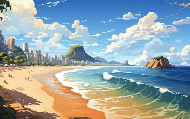 Craft a stunning 2D illustration showcasing the beauty of Copacabana Beach Generative AI