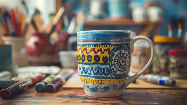 Photo craft table setting with patterned mug and coffee cup on wooden surface