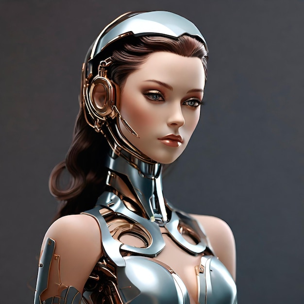 Craft an ultramodern AI lady with a blend of sleek metallic contours and delicate humanlike