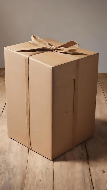 Craft unlabeled cardboard package box presented on stressed brushed wooden table isolated on white