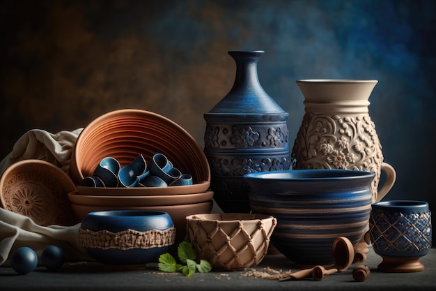 Crafted pottery still life of hand made pottery and ceramic bowls AI generation