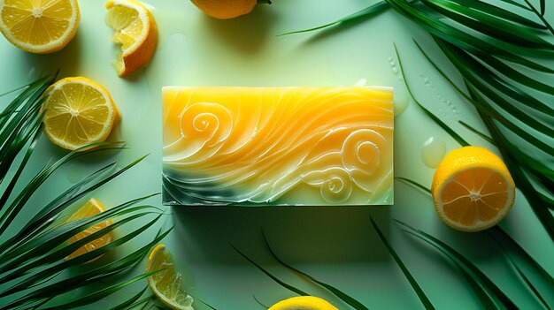 Photo crafting colorful handmade soap with lemon and palm leaves in a creative workspace