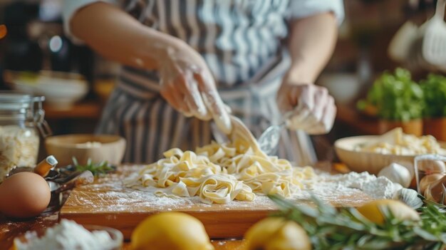 Photo crafting fresh artisan pasta in a rustic kitchen on a sunny afternoon