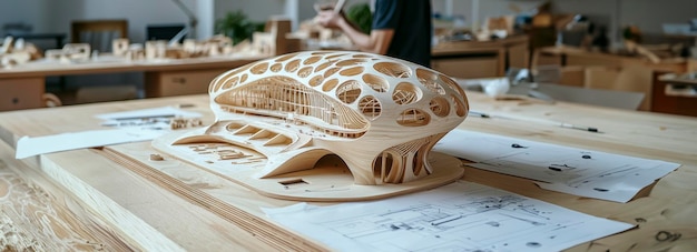 Crafting the Future Uncompleted White Wooden Model of a Futuristic Stadium