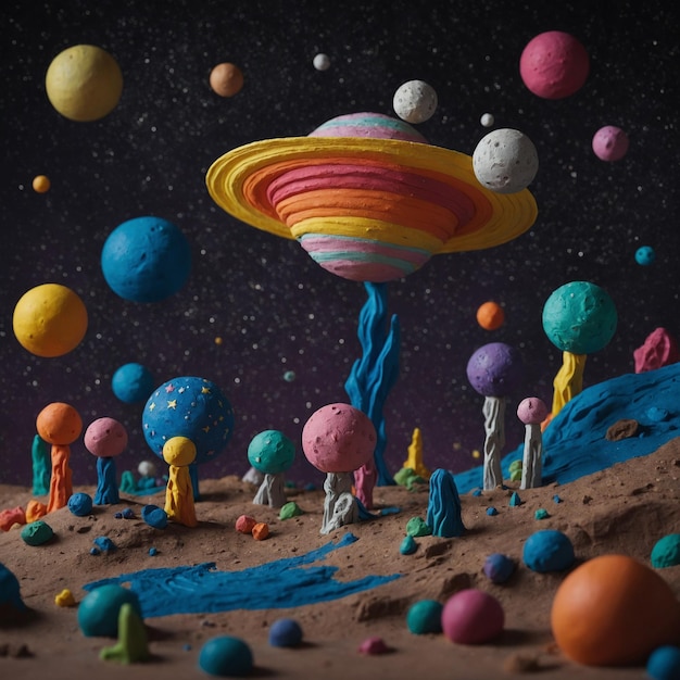 Photo crafting a lively space odyssey with detailed plasticine characters and engaging cosmic scenes