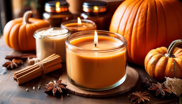 Photo crafting pumpkinspice candles in an artisan workshop filled with autumn aromas and creativity