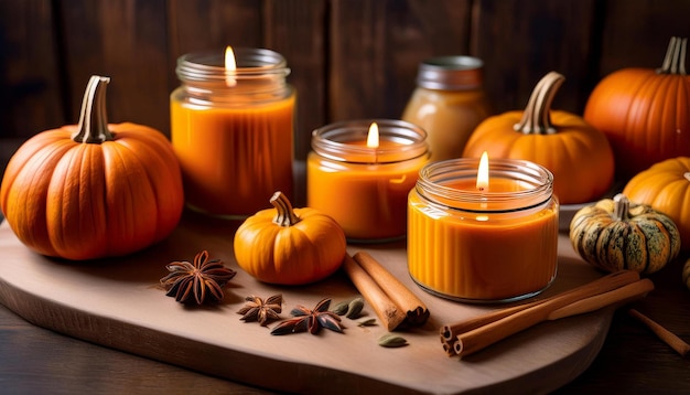 Photo crafting pumpkinspice candles in an artisan workshop filled with autumn aromas and creativity