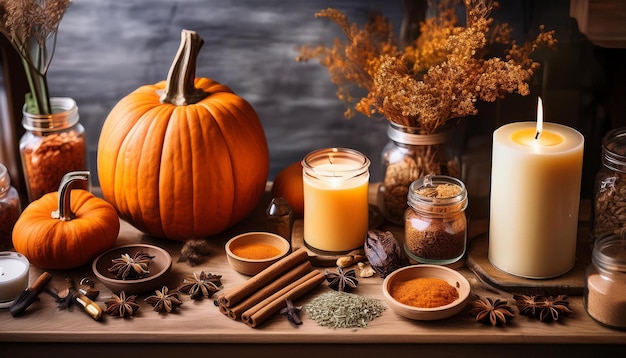 Photo crafting pumpkinspice candles in an artisan workshop filled with autumn aromas and creativity