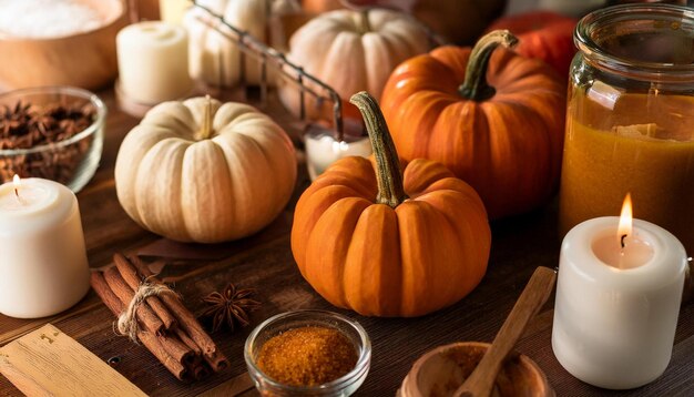 Photo crafting pumpkinspice candles in an artisan workshop filled with autumn aromas and creativity