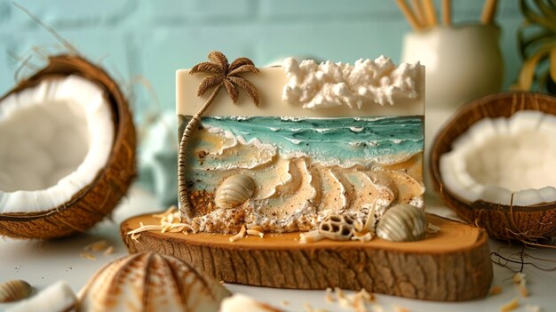 Photo crafting serene oceaninspired handmade soap with beach elements in a cozy workspace