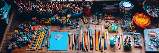 Photo crafting supplies spread out on a table