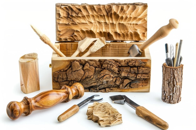 Photo crafting tools neatly arranged beside a beautifully carved wooden box filled with supplies