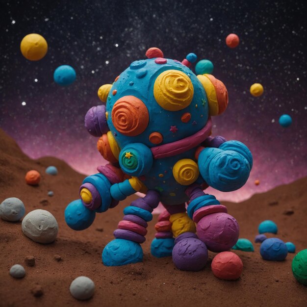 Photo crafting a vibrant space odyssey with detailed clay figures and dynamic cosmic settings