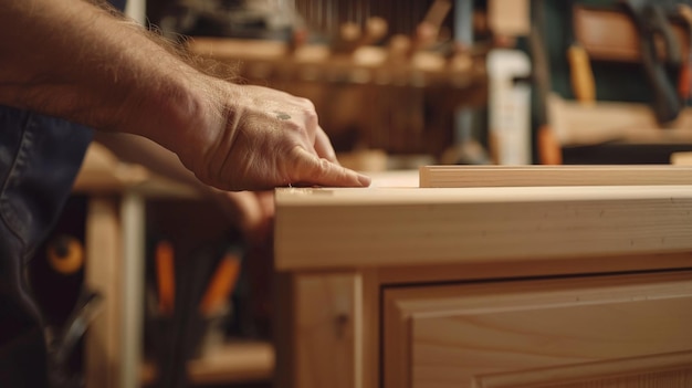 Photo craftsman carefully working on a wooden cabinet in a workshop showcasing fine woodworking skills and attention to detail