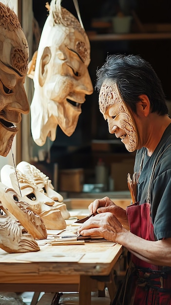 Craftsman Carving Wooden Masks in a Workshop